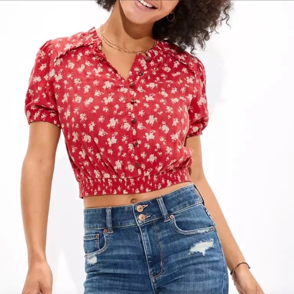 NWT- American Eagle AE Cropped Smocked Floral Print Top